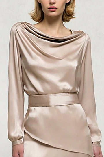 Champagne Cowl Neck Long Sleeve Satin Work Dress